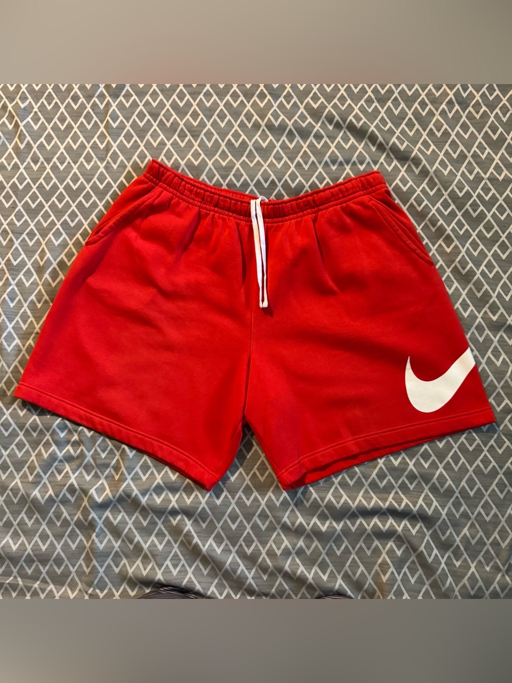 Nike Men Red Athletic Shorts with White Swoosh and Drawstring